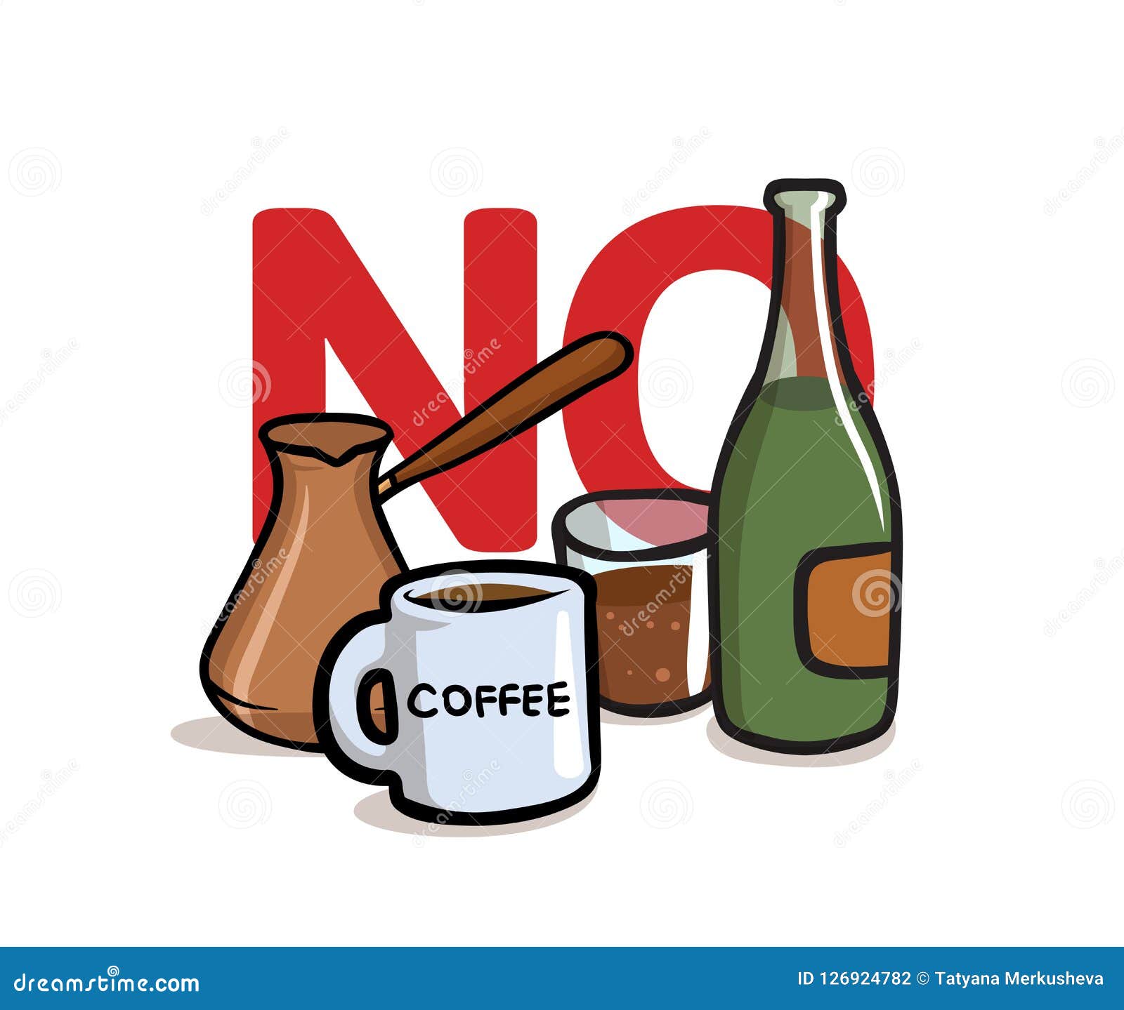 say no to alcohol and caffeine. alcohol, caffeine free. flat  .  on white background.