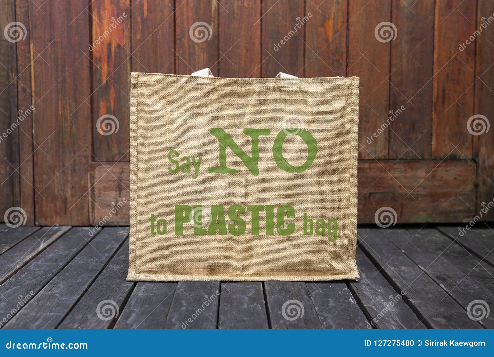 Say No To Plastic Bag Logo on Jute Grocery Bag on Wooden Floor Stock ...