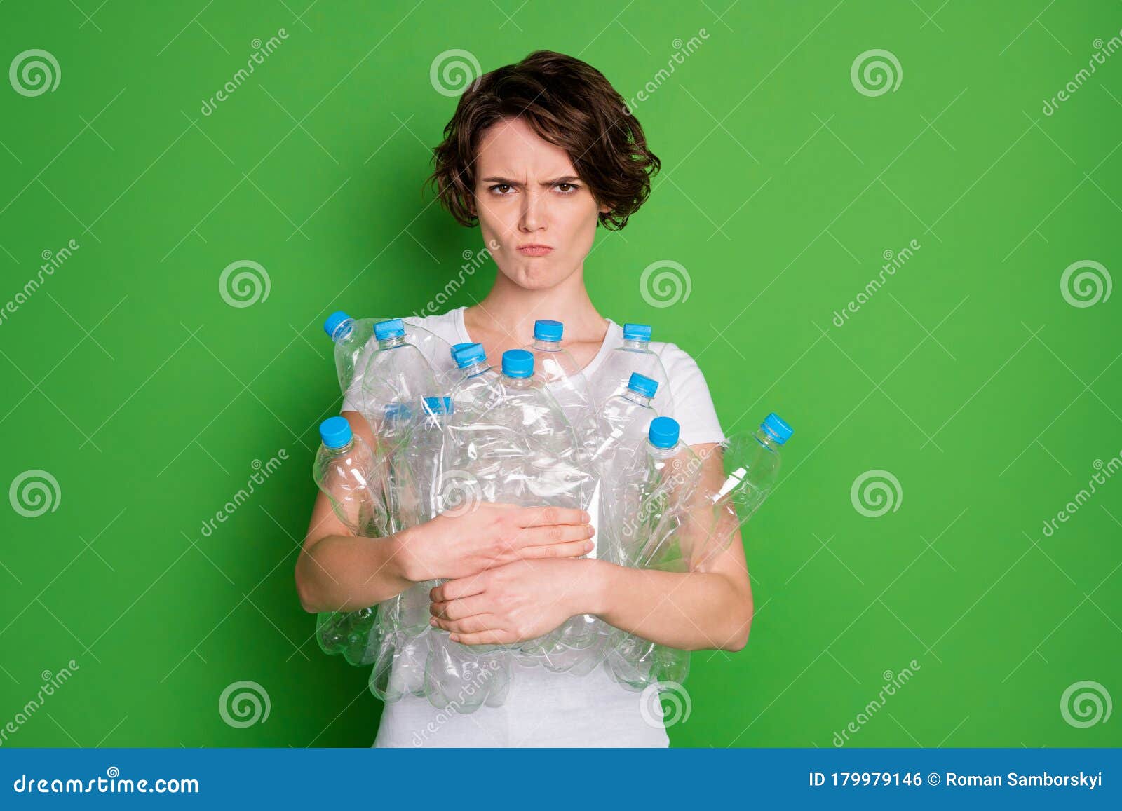 say no to plastic concept. photo of beautiful lady hold many plastic empty bottles against pollution angry face carry