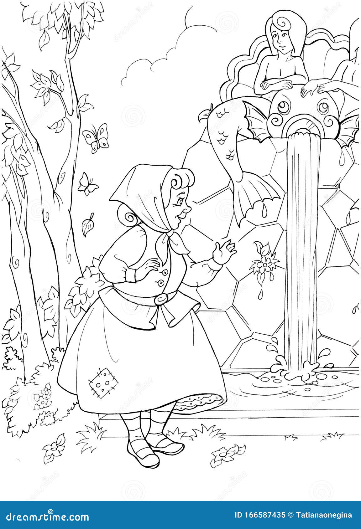 Scene De Conte De Fees Avec Une Vieille Femme Pres De Page Magique De Livre De Coloriage De Cascade De Foret Illustration Stock Illustration Du Aimable Heureux 166587435