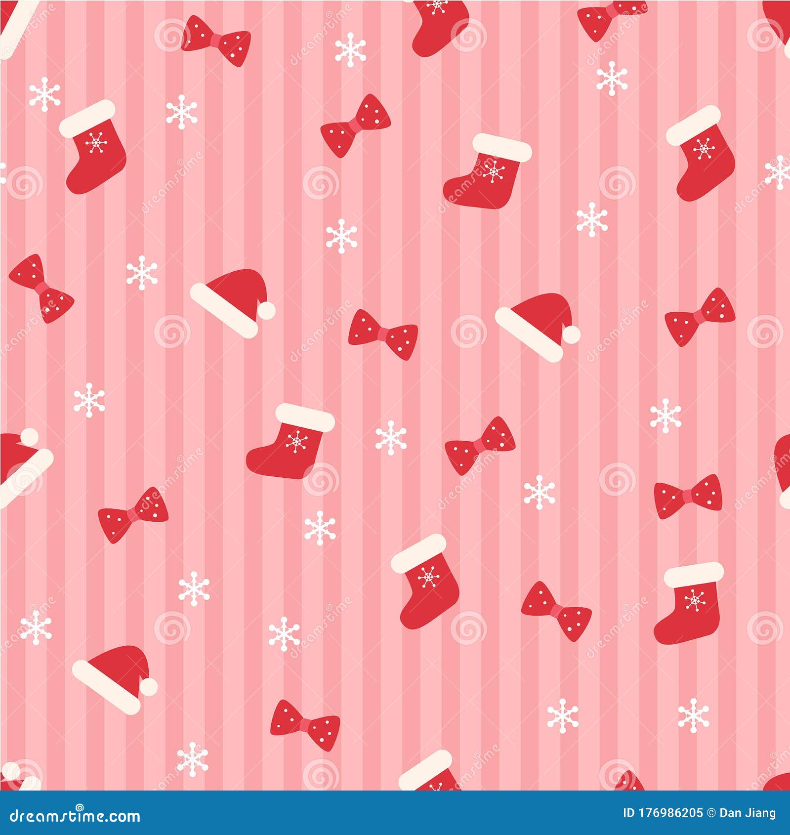 Christmas Stocking, Bow, Hat, Snowflakes Vector Seamless Red Striped