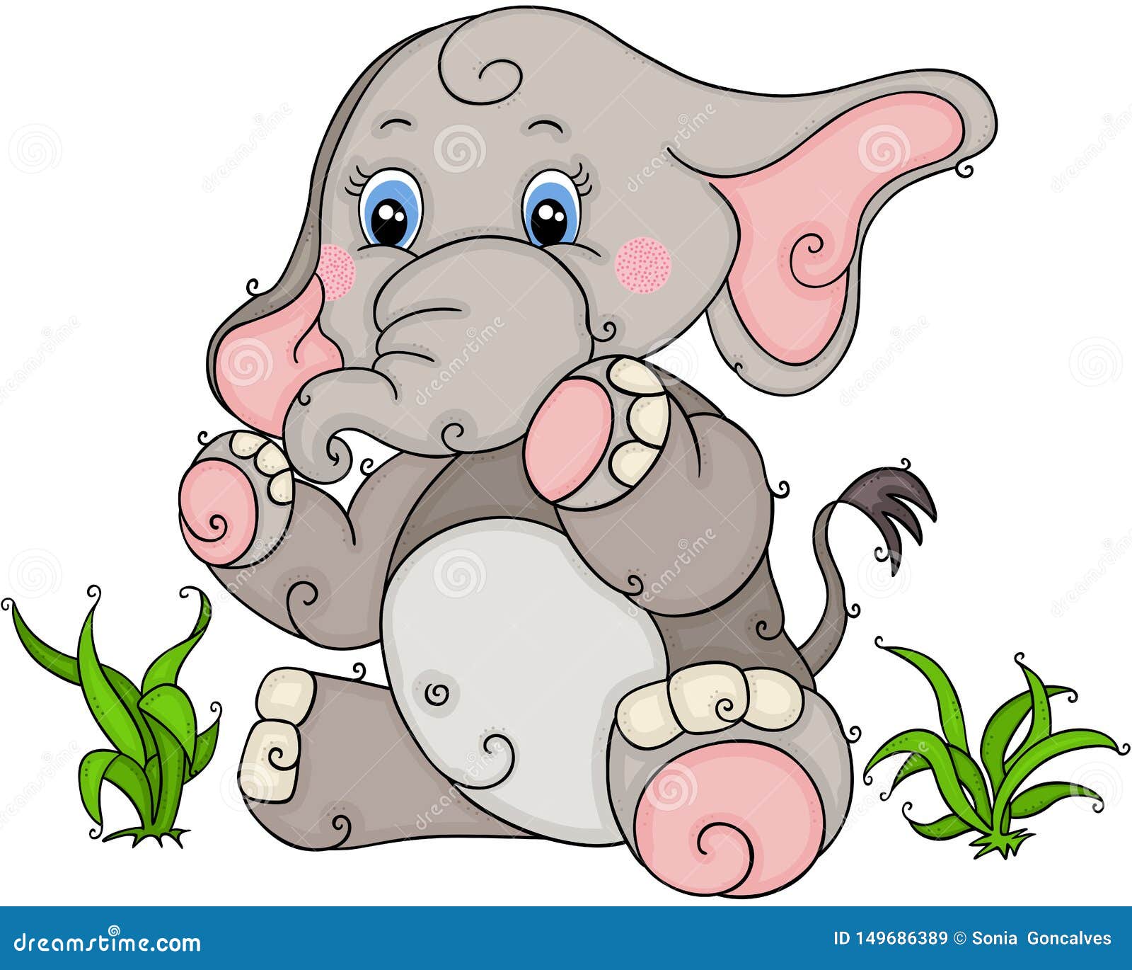 Cute Baby Elephant Sitting On Grass Stock Vector ...