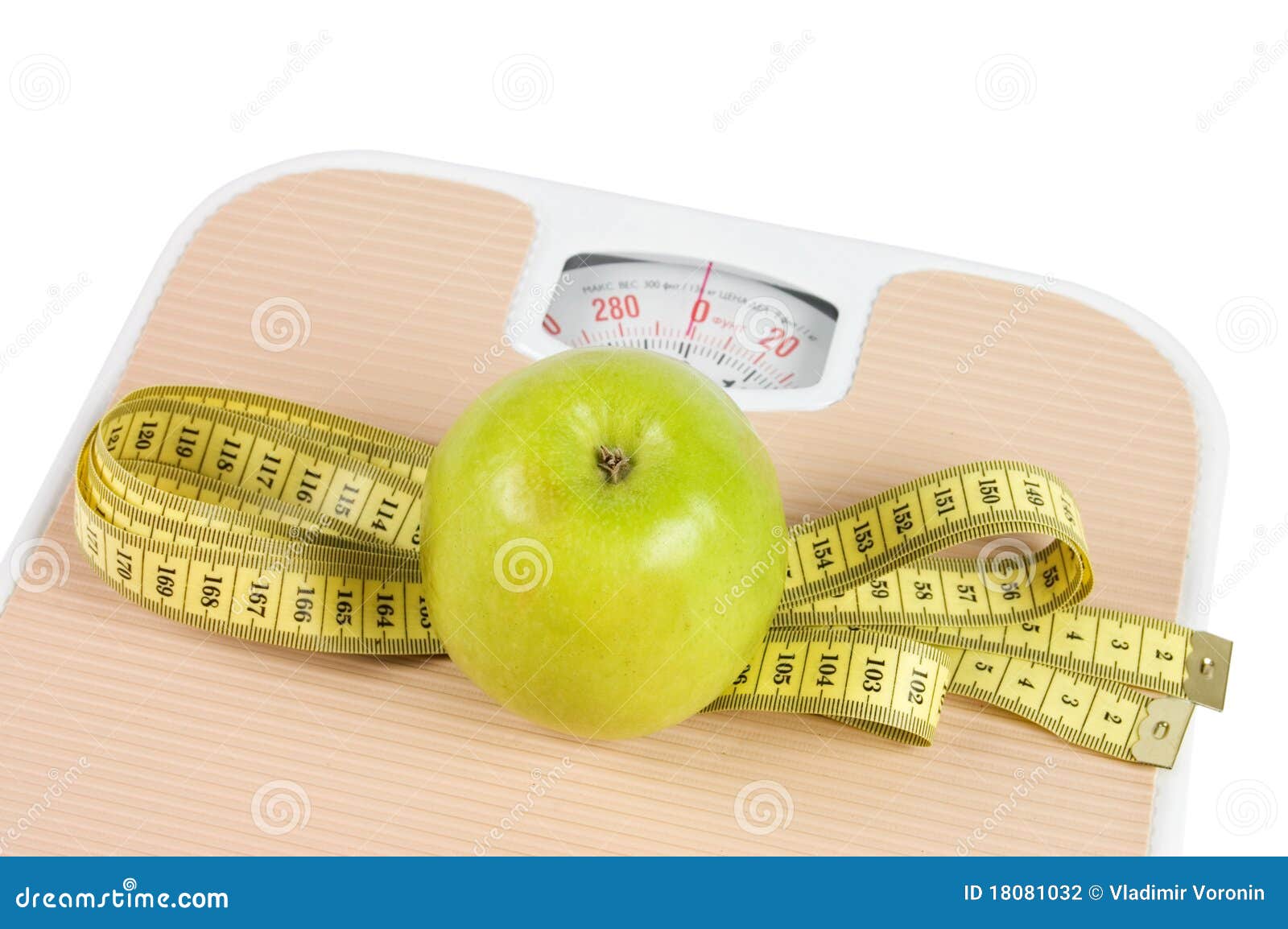 Scale, Tape and Apple on White Stock Photo Image of mass, measure