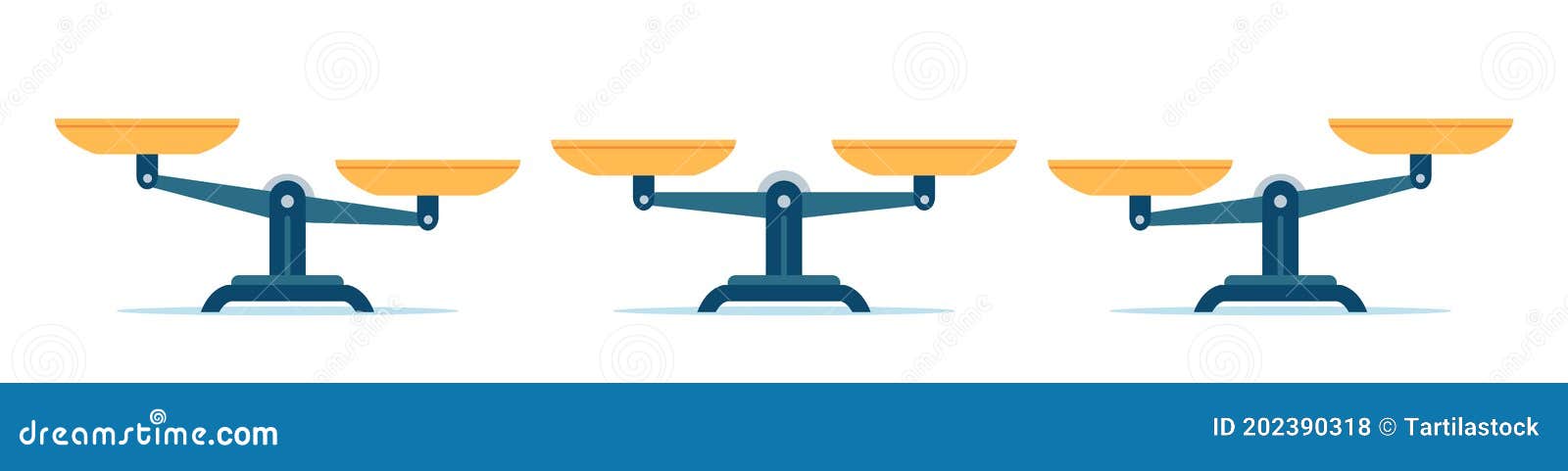 scales in balance and imbalance. flat libra icon with gold bowls in equal position. weight mass comparison on leverage