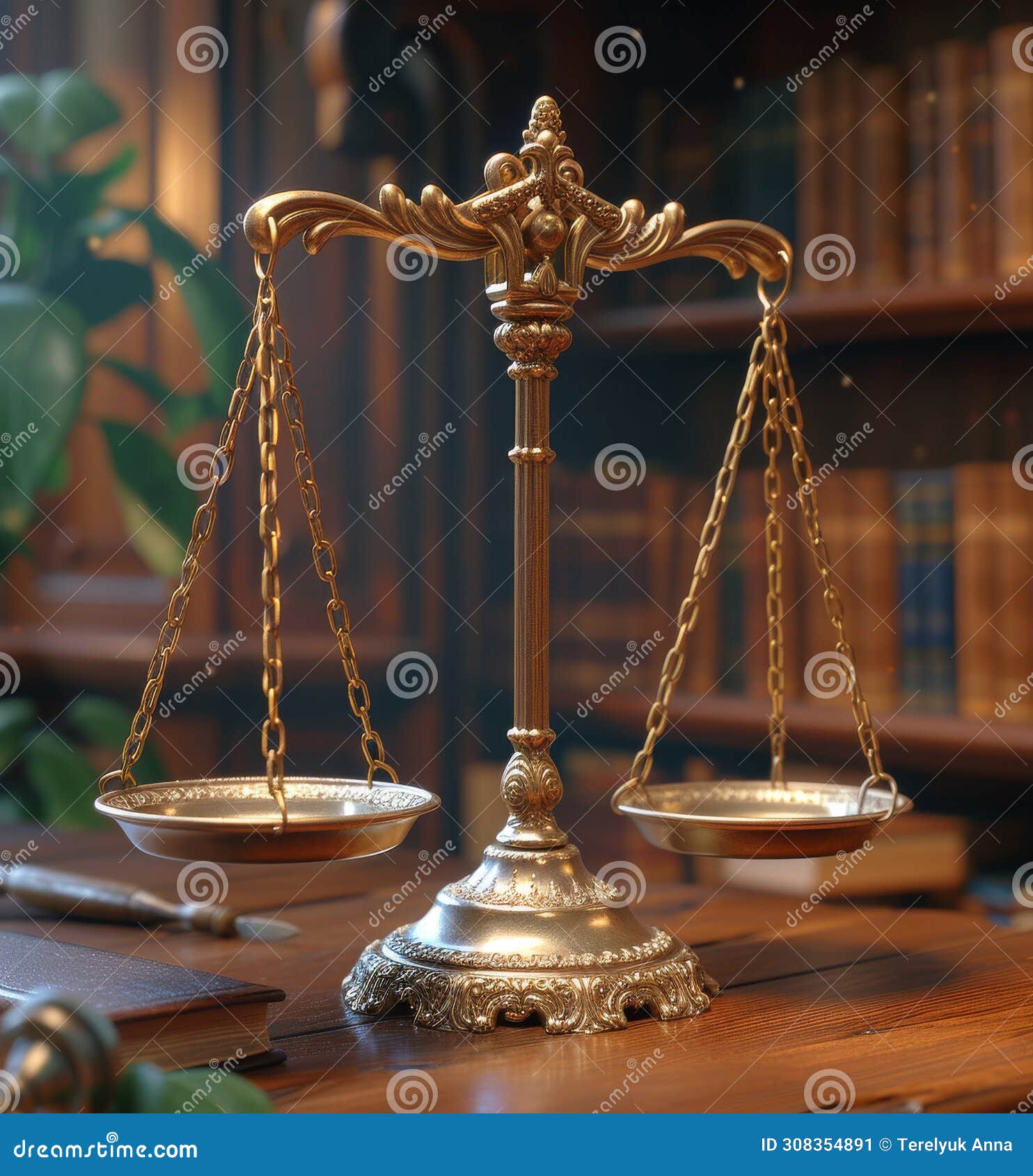 scales of justice on desk in the library
