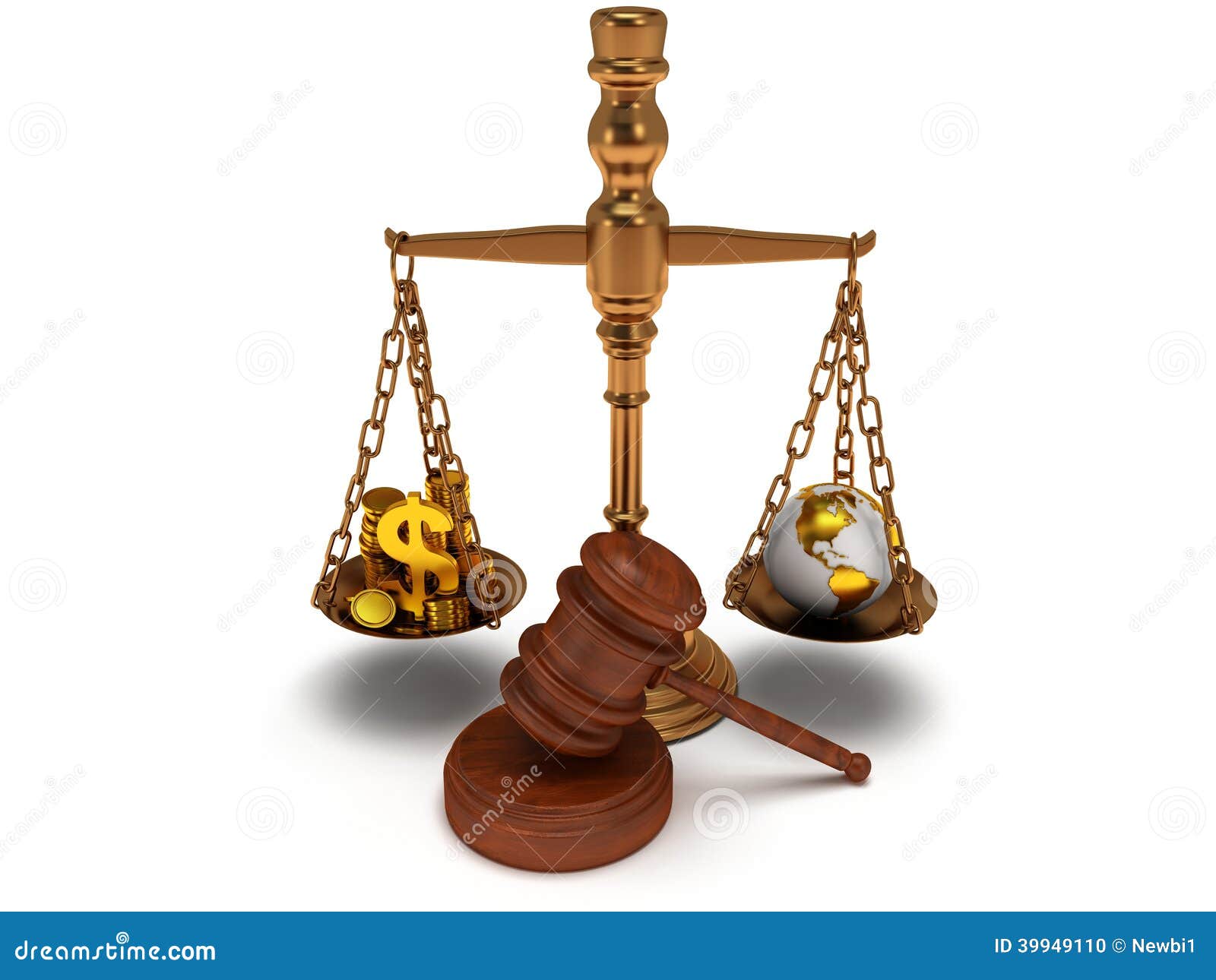 Scales justice with gavel on white. 3D. Scales justice with wooden gavel, coins, dollar sign and earth globe on white.