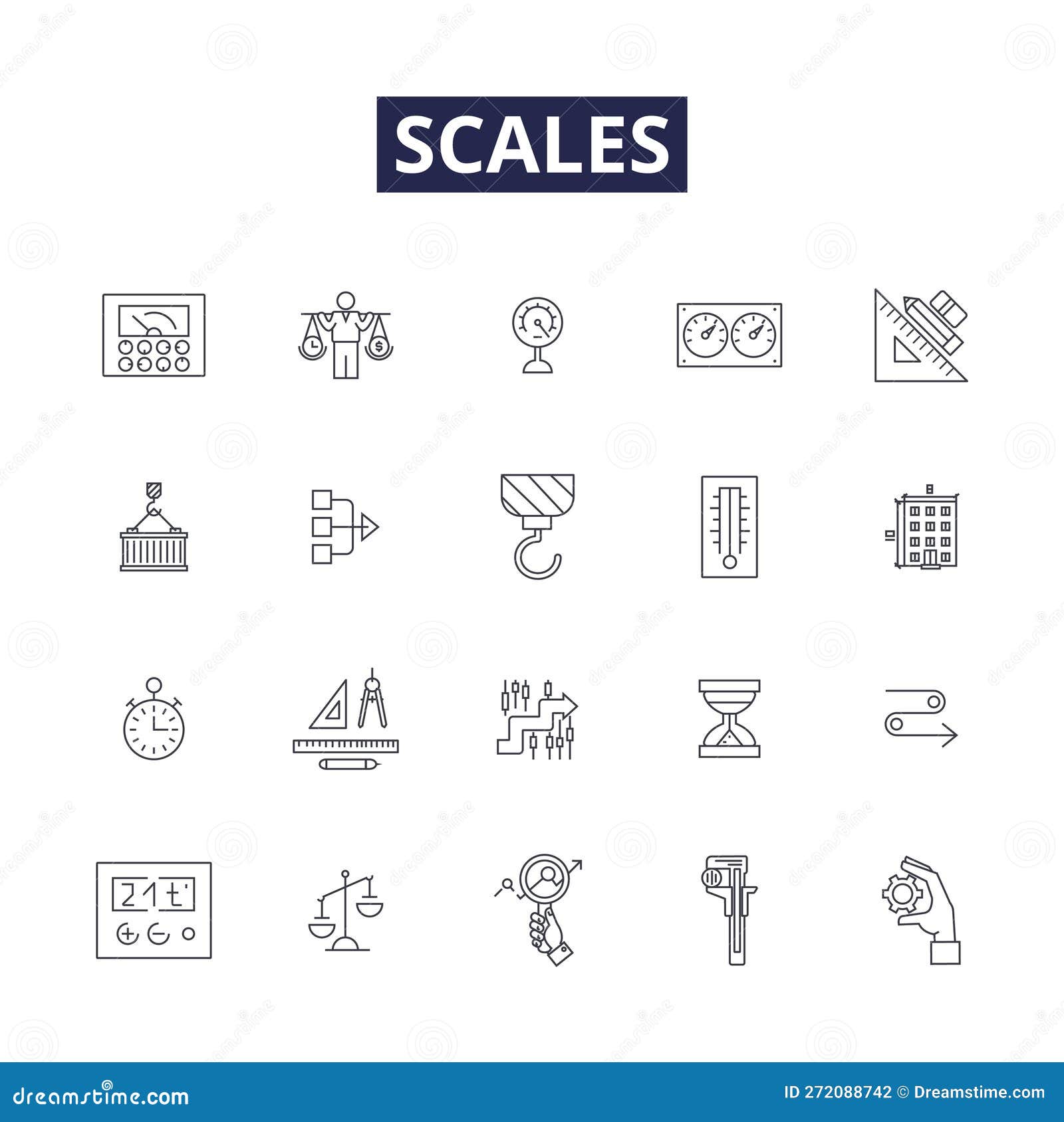 scales line  icons and signs. ruler, measurement, metric, dial, weigh, calibrate, precision, quantify outline