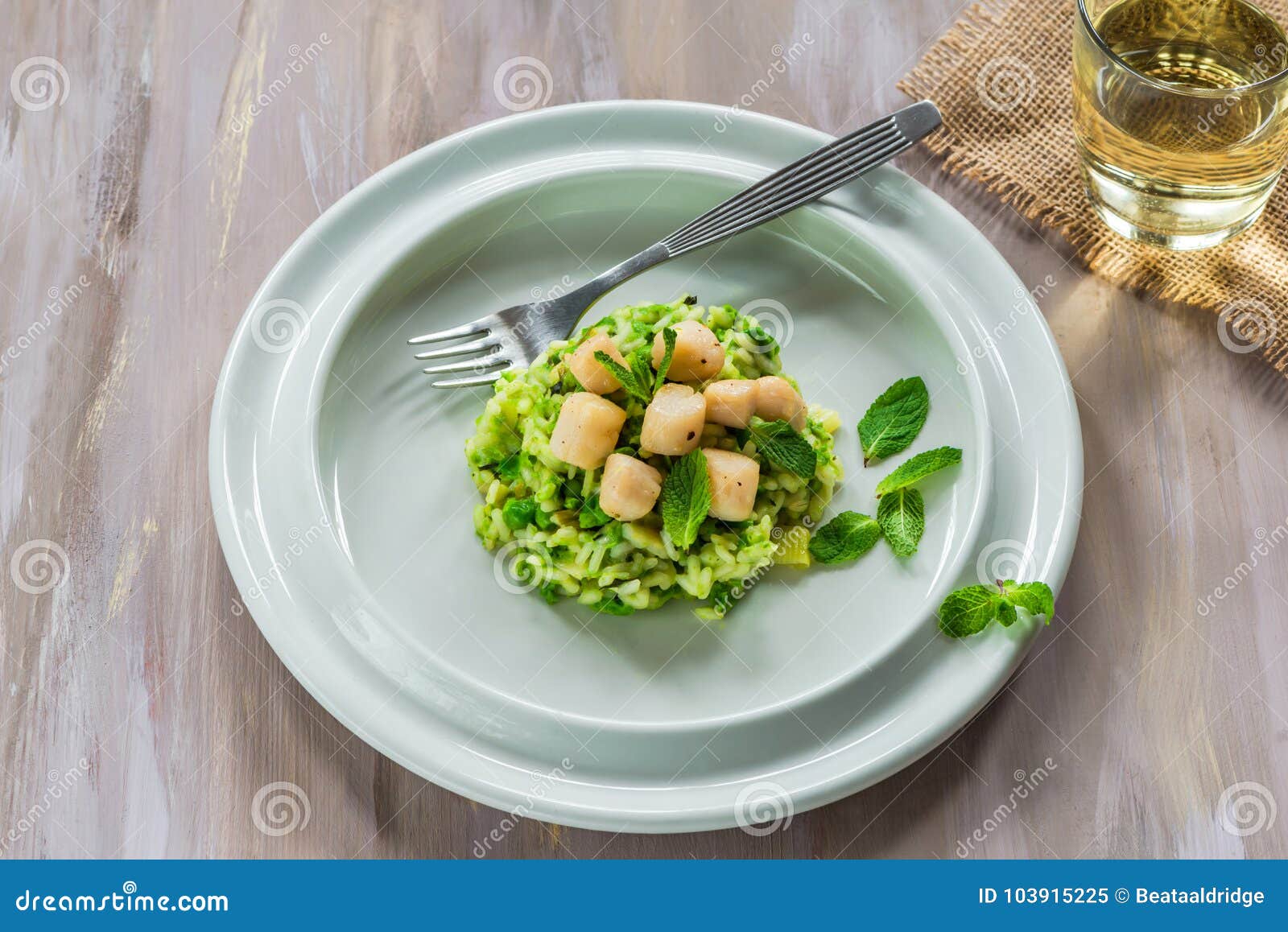 scallops on minted pea risotto