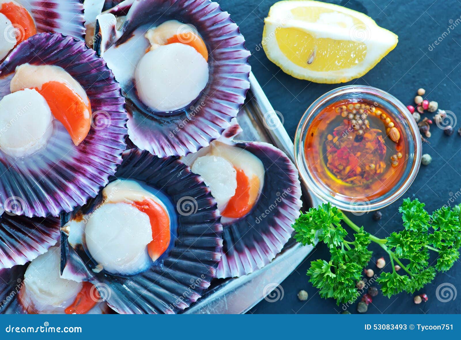 Scallops stock image. Image of chili, plate, shellacean 53083493
