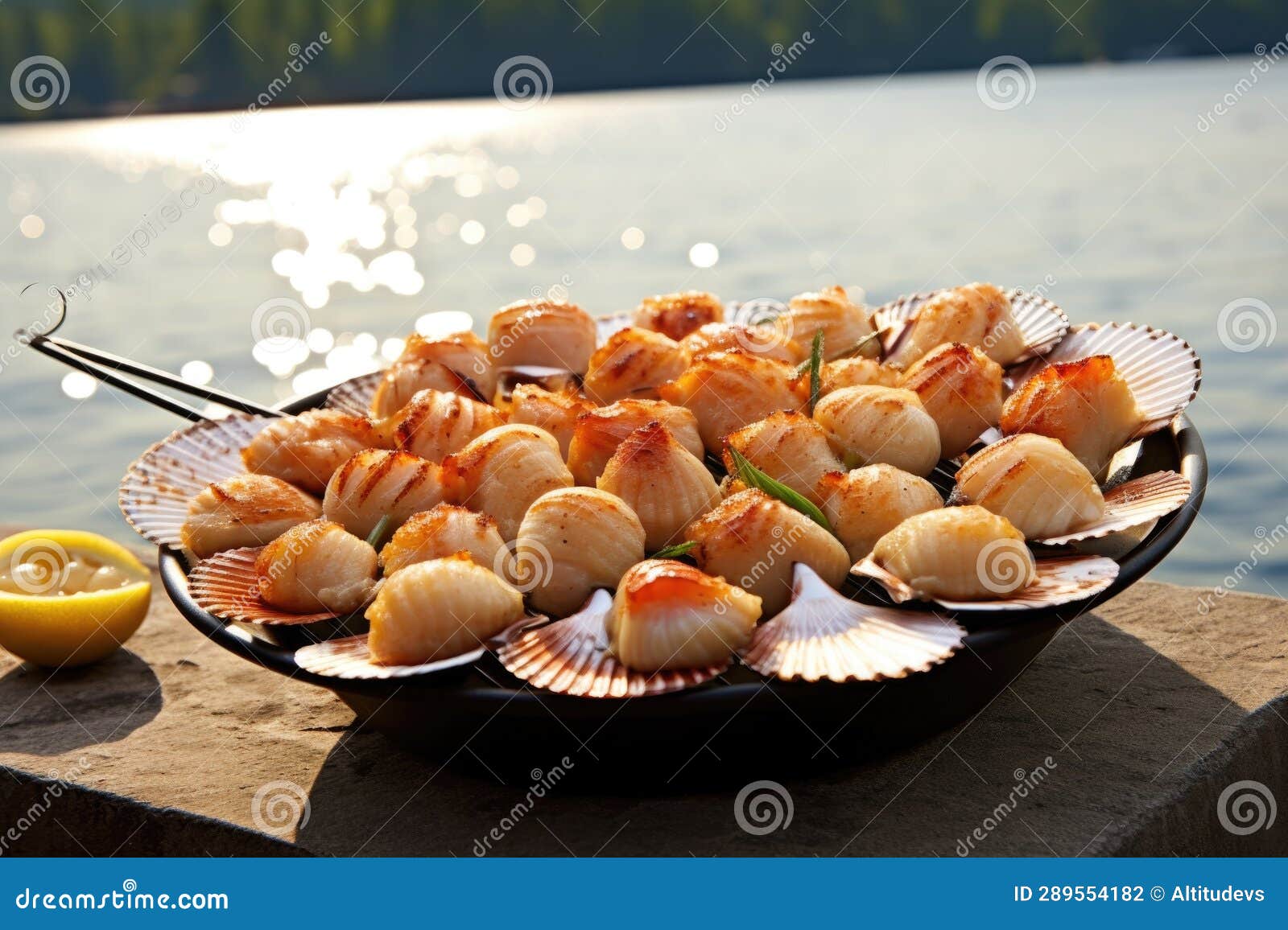 Scallops in a Seashell Serving Dish beside Beach Bbq Stock Illustration