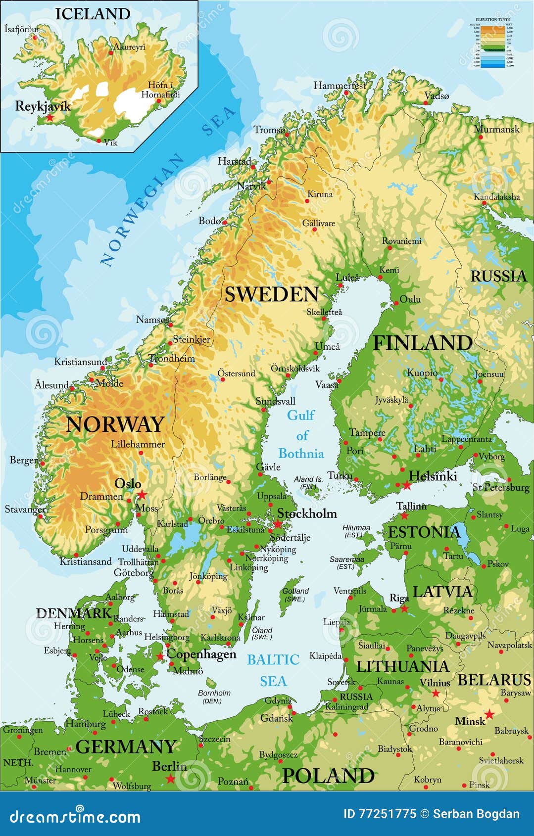 Scandinavië-Fysieke Kaart Vector Illustratie. Illustration Of Berg -  77251775