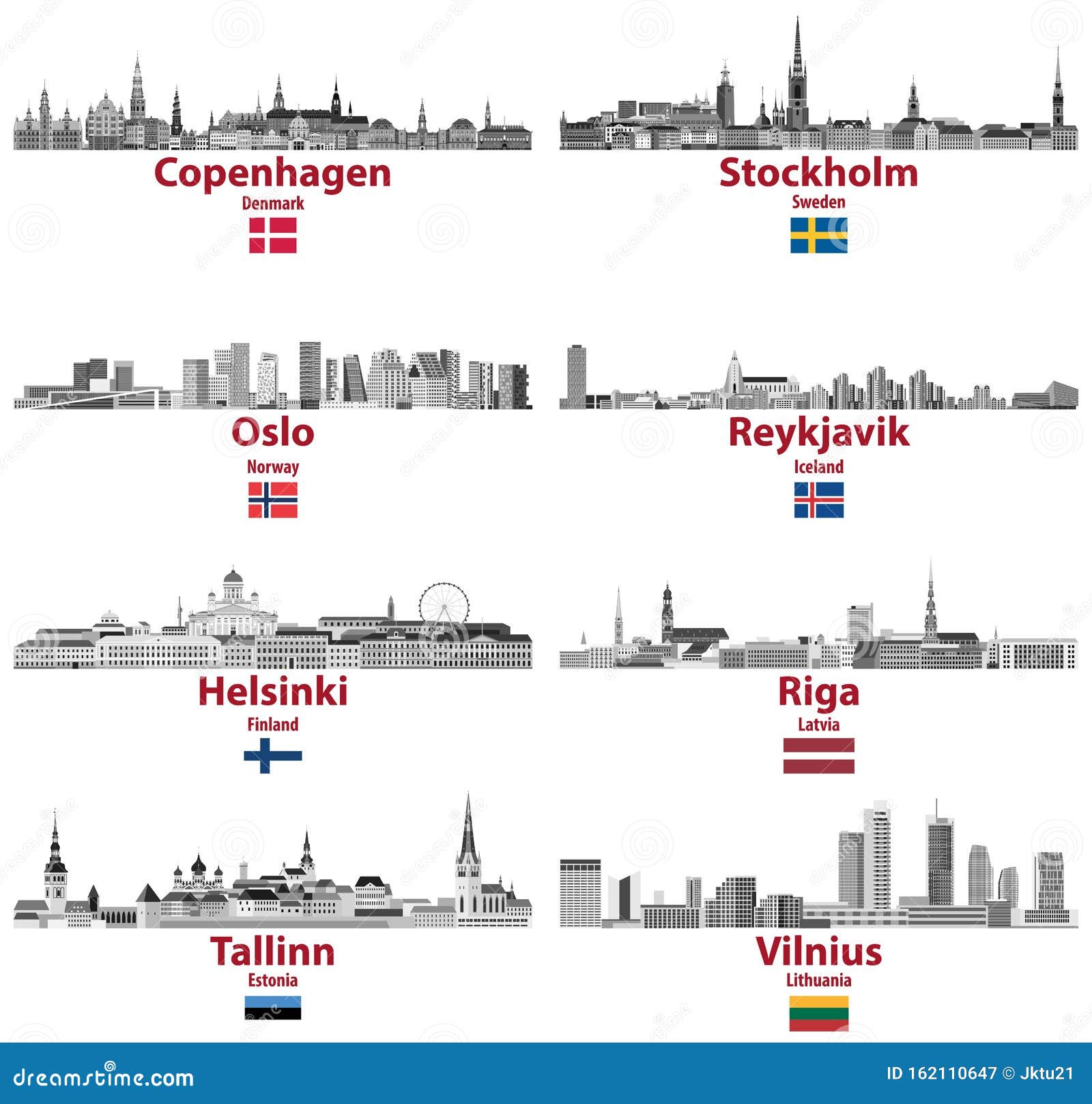 set of baltic and scandinavian countries` cities skylines: copenhagen, stockholm, oslo, reykjavik, helsinki, riga, tallinn,