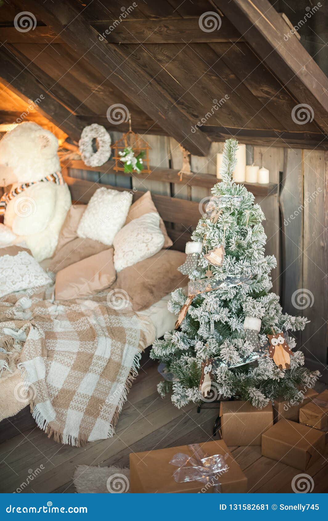 Scandinavian Bedroom Interior Under Christmas Textural