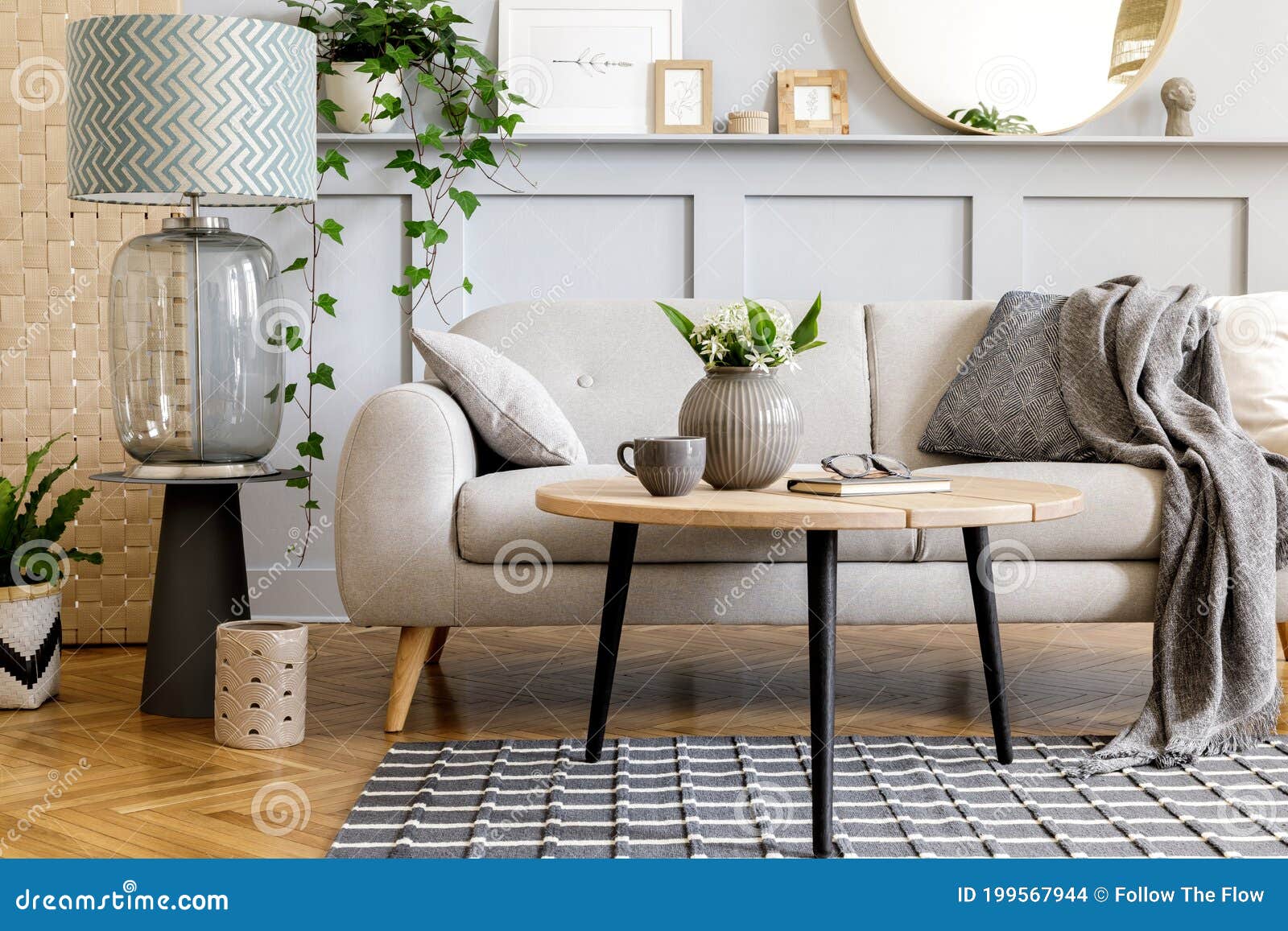 scandinavian concept of living room interior with  sofa, coffee table, plant in pot, lamp, carpet, plaid, pillow, shelf.