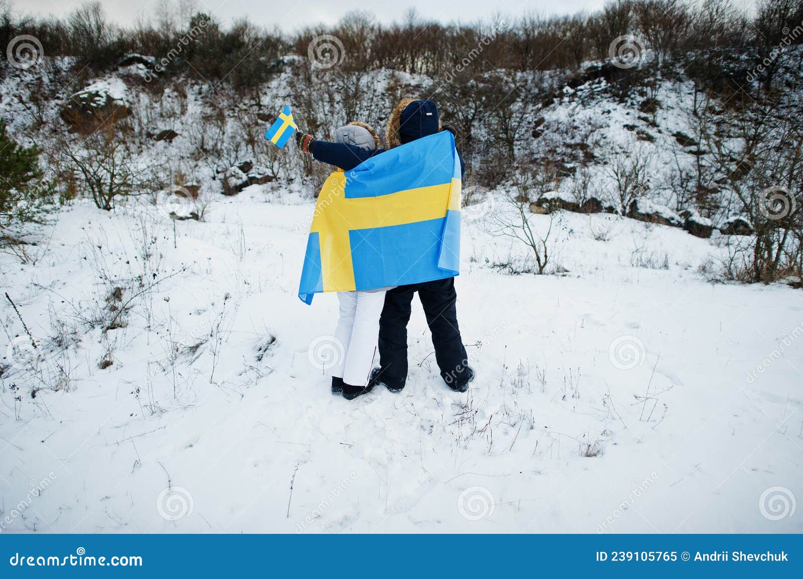 Scandinavian Couple with Sweden Flag in Winter Swedish Landscape Stock ...