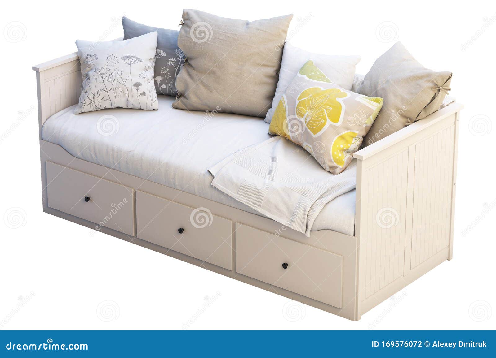 Scandinavian Folding Double Bed with Pillows and Plaid. 3d Render Stock