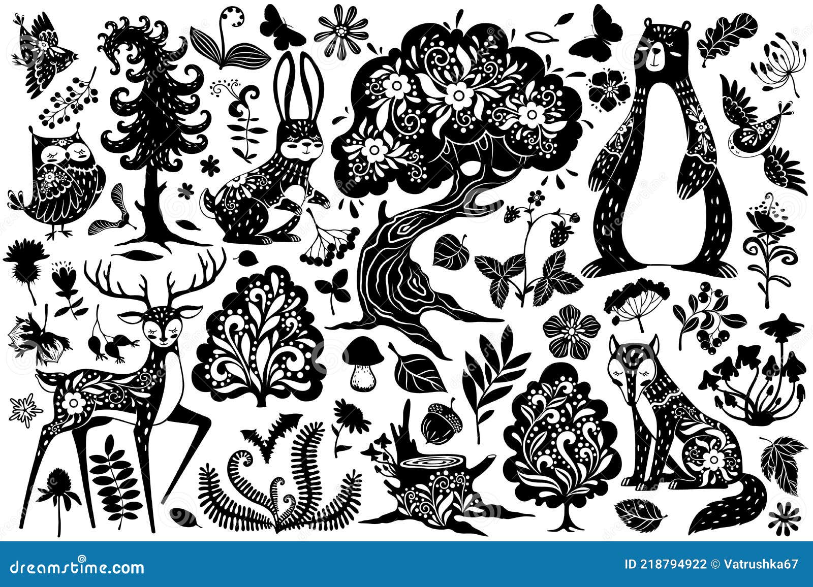 scandinavian forest s. nordic scandi style deer, hare and bear, owl and fox, bird and oak tree, mushroom and