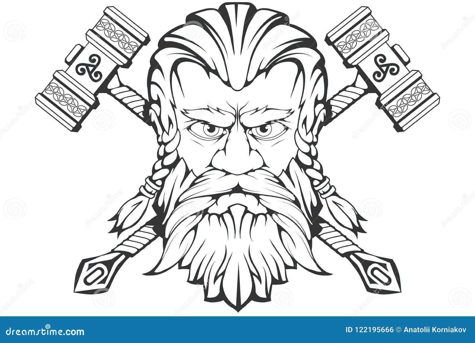 Scandinavian supreme god of Norse mythology - Odin. Hand drawing of Odin  Head. Cartoon bearded man character. God Odin, Wotan tattoo. Traditional  norse ornament. Vector graphics to design Stock Vector