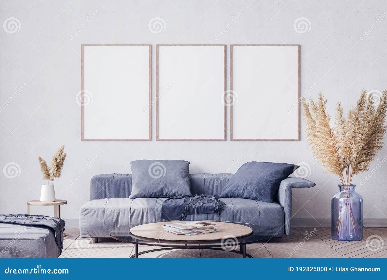 Poster Frame Mock Up in Living Room Interior with Blue Sofa and Pa,pas  Grass Stock Photo - Image of branding, empty: 192825000