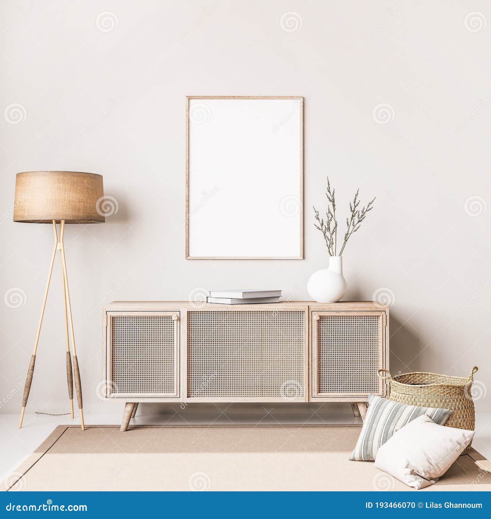 scandinavian interior  of living room with rattan console, wooden chair, mock up poster frame