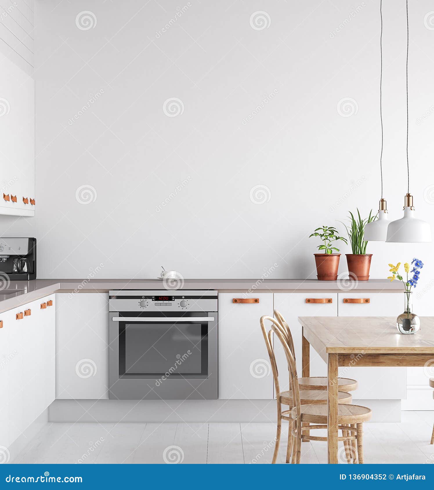 scandinavian kitchen interior, wall mock up