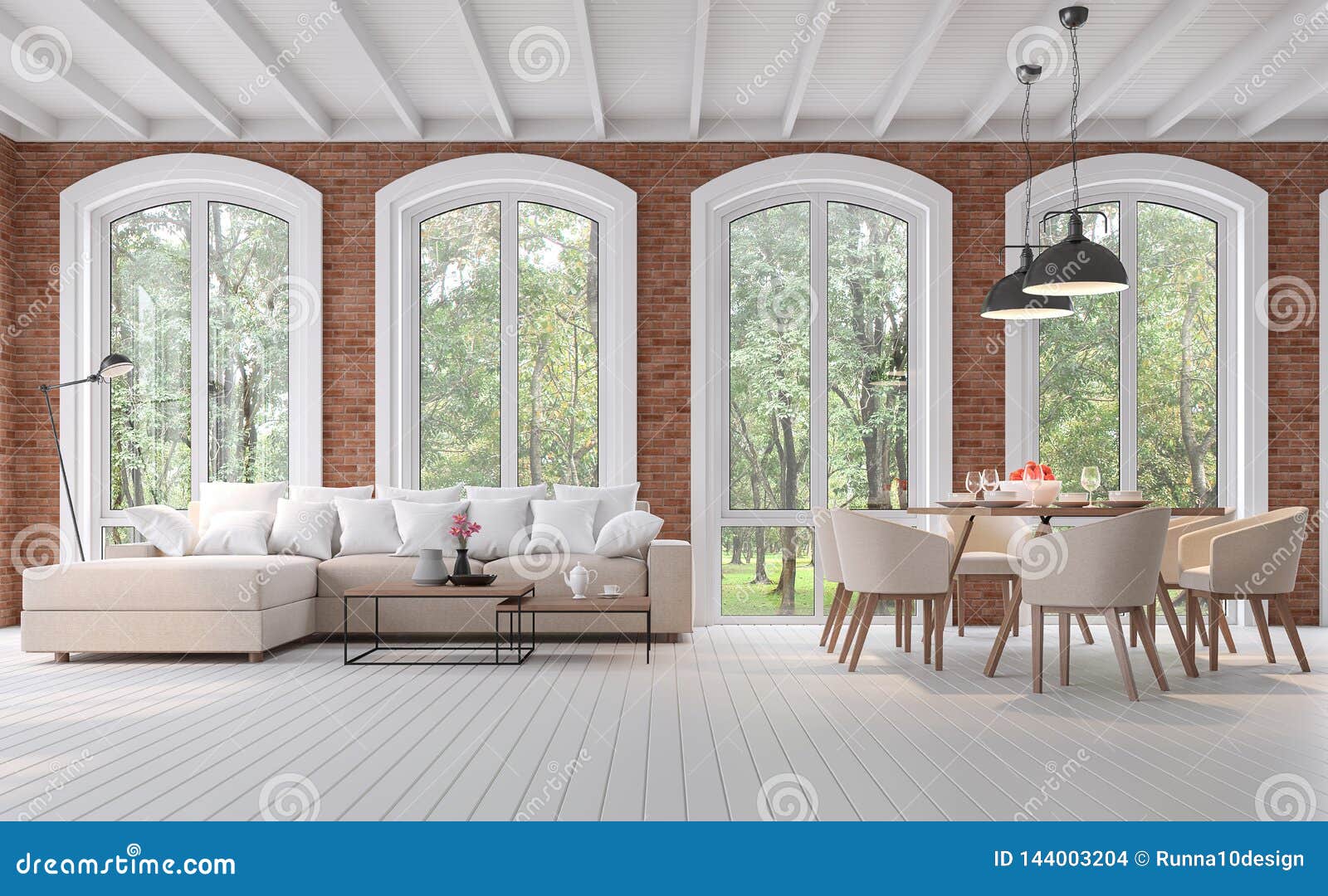 scandinavian living and dining room 3d render
