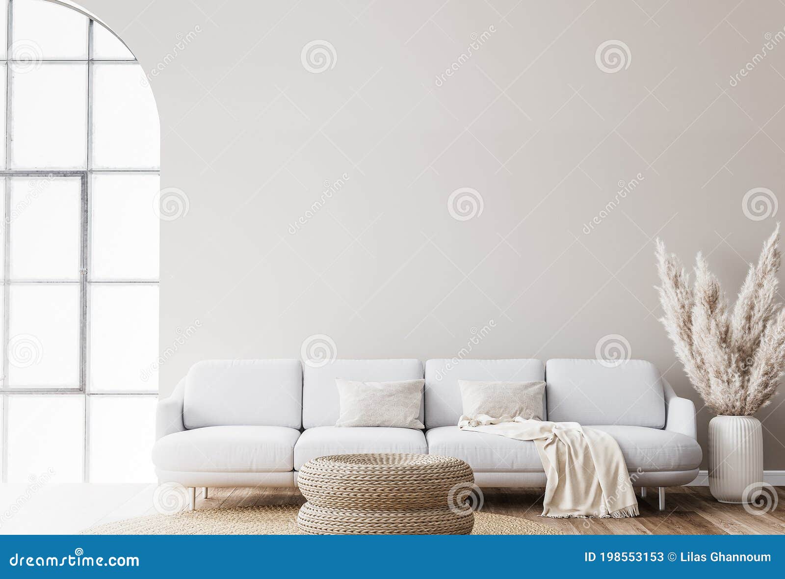 Scandinavian Living Room Design with Rattan Table, Pampas and White Sofa on  Beige Background Stock Image - Image of boho, empty: 198553153