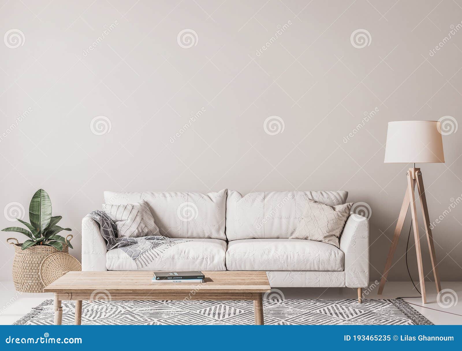 scandinavian living room  with wooden table, floor lamp, wicker basket and white sofa on beige background