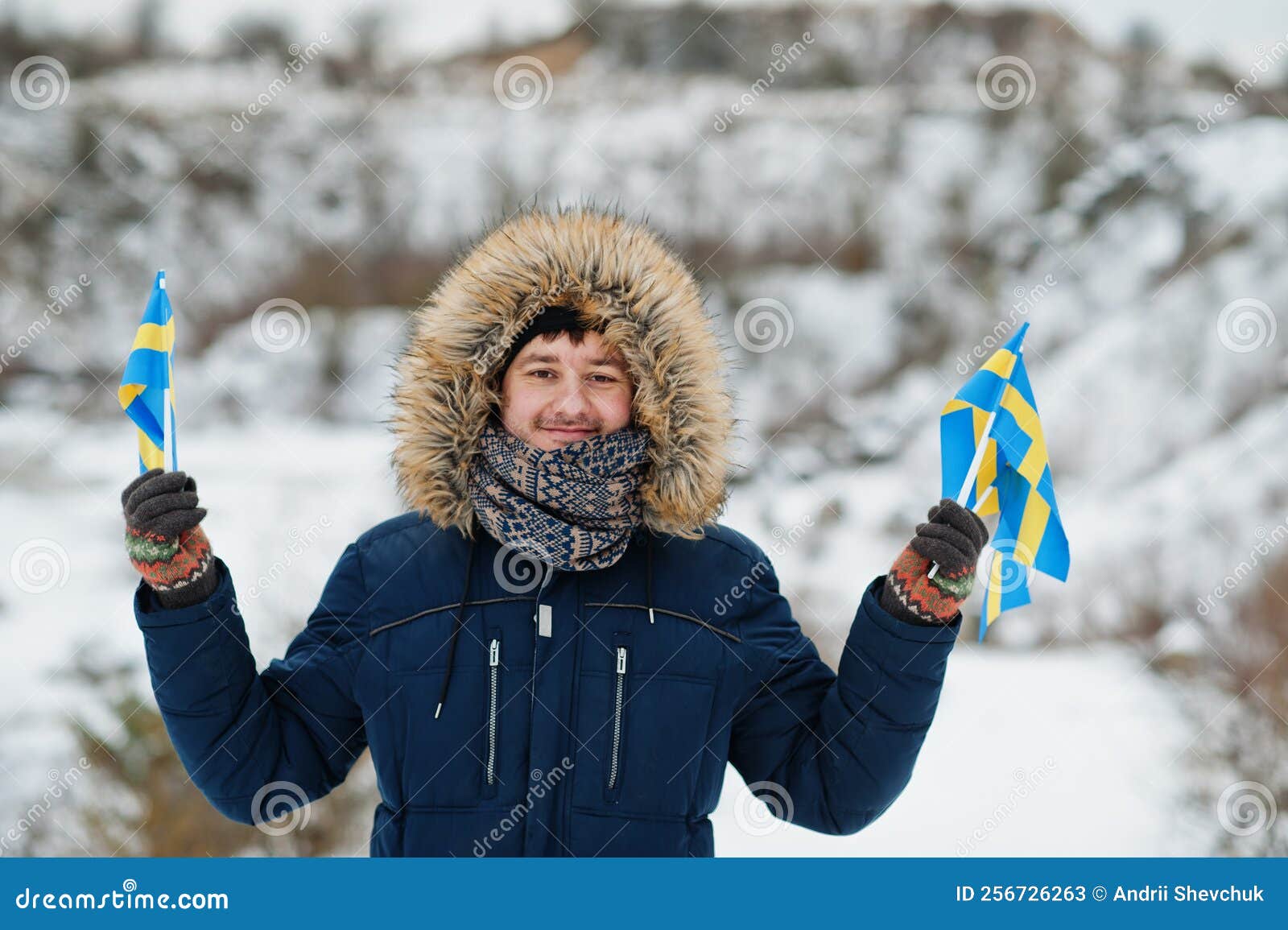 Scandinavian Man with Sweden Flag in Winter Swedish Landscape Stock ...