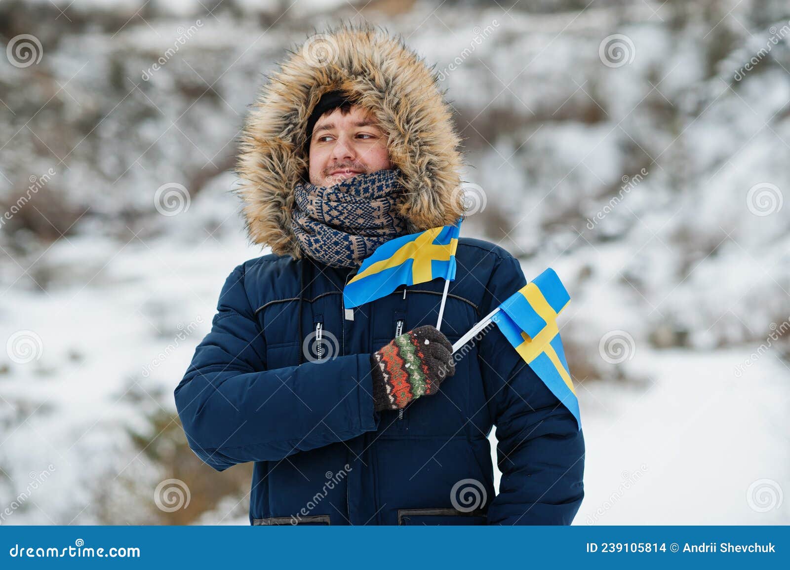 Scandinavian Man with Sweden Flag in Winter Swedish Landscape Stock ...