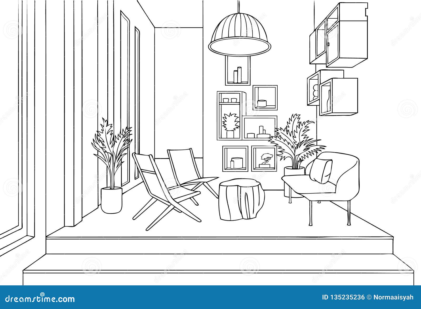 Scandinavian Office Space Interior Line Art Stock