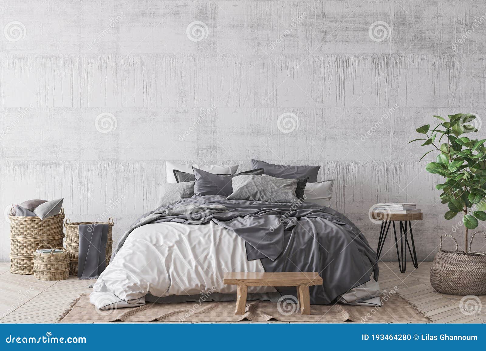 scandinavian style bedroom mockup, home interior , rustic gray room 