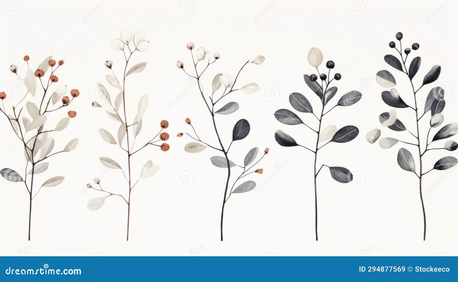 scandinavian style botanical poster: watercolor set of branches and fruits