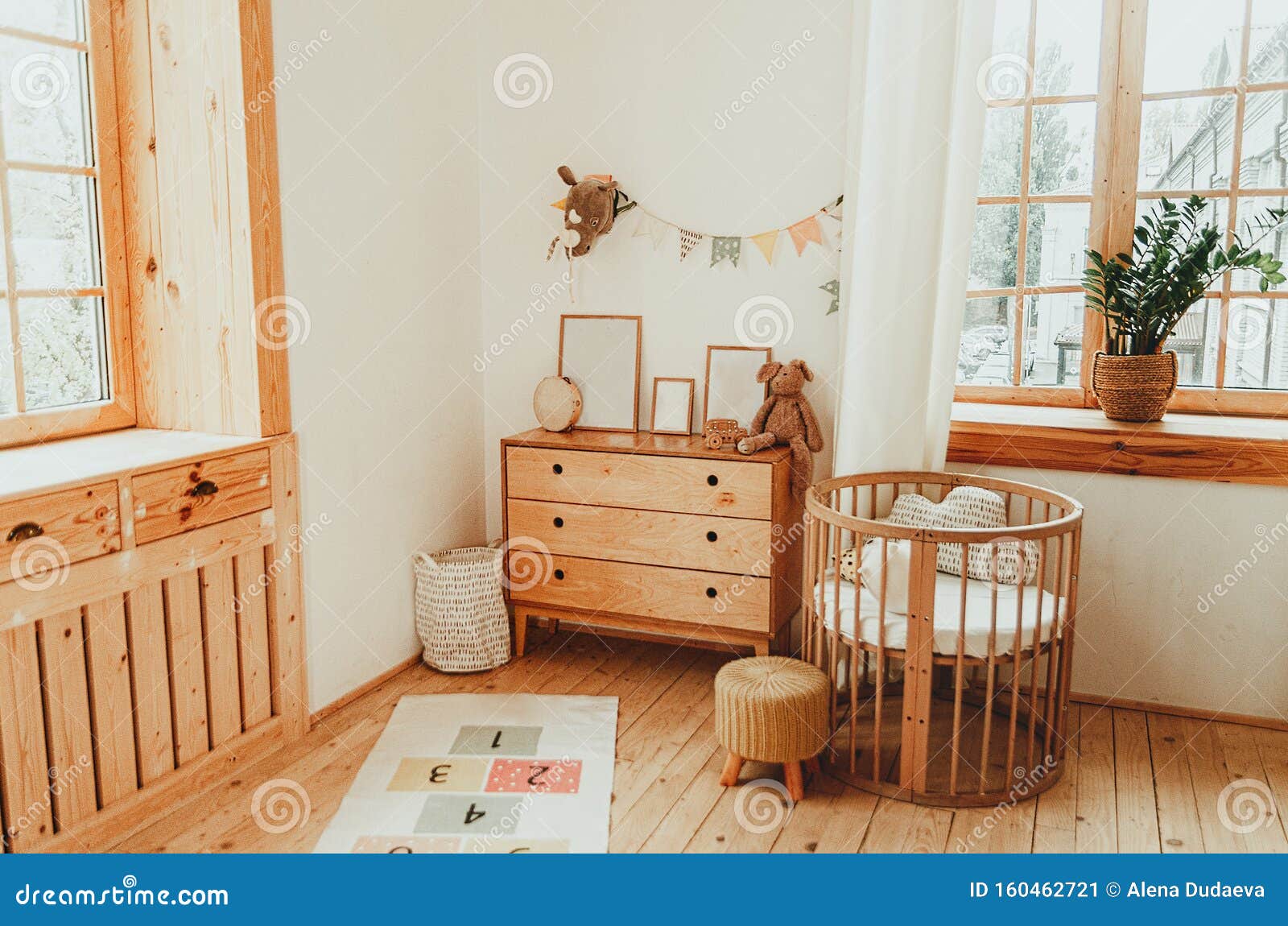 Scandinavian Style Children`s Room Interior. a Cozy Oval Baby Bed Cradle  Stock Image - Image of decoration, frame: 160462721