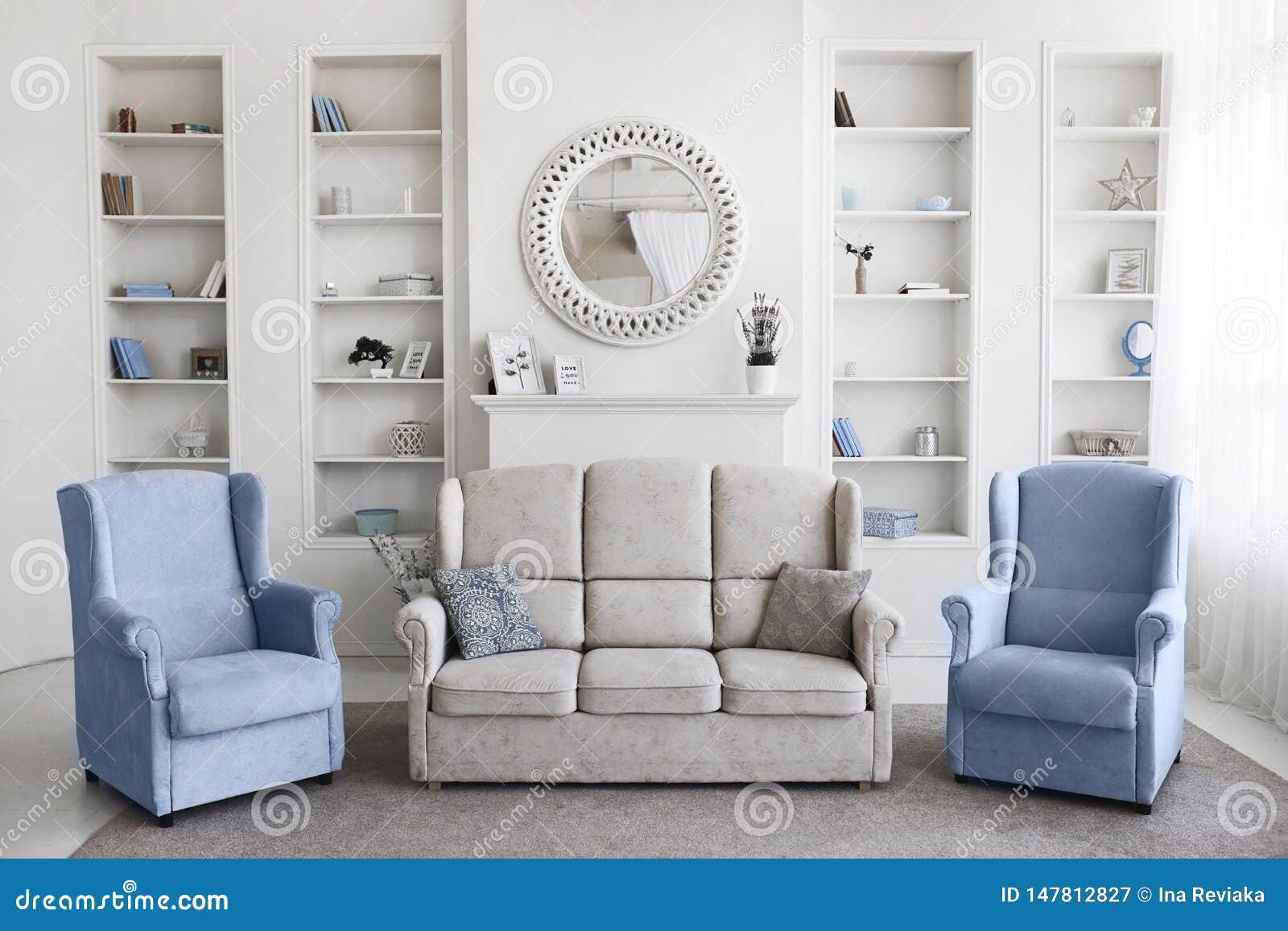 Scandinavian Style Living Room With The Beige Couch With Pillows And Two Blue Armchairs In The Morning Light Stock Image Image Of Armchair Modern 147812827