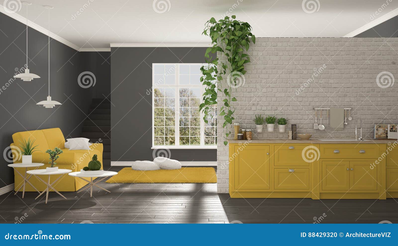 Scandinavian White, Yellow and Gray Minimalist Living with Kitchen