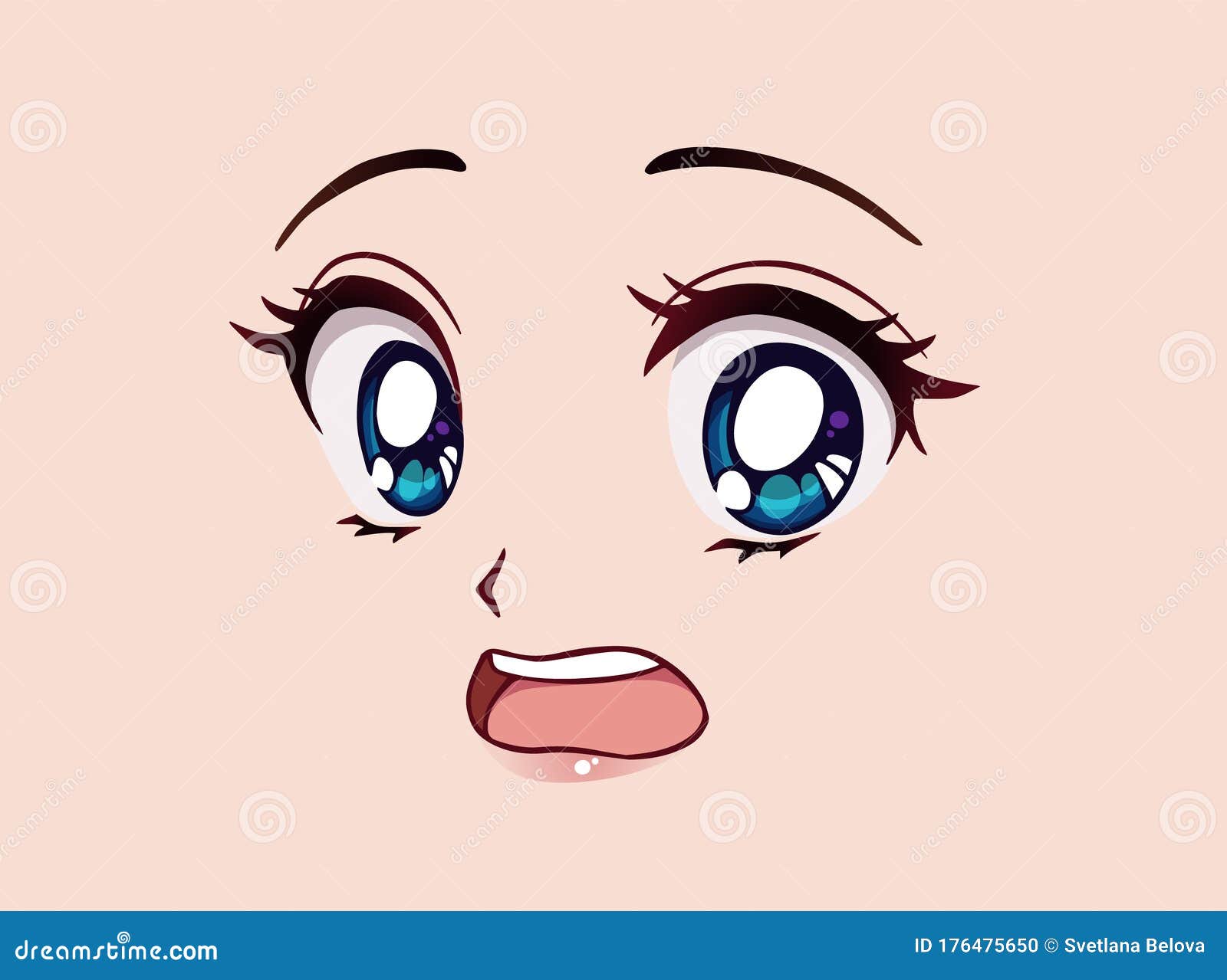 Scared Anime Face. Manga Style Big Blue Eyes, Little Nose and Kawaii ...