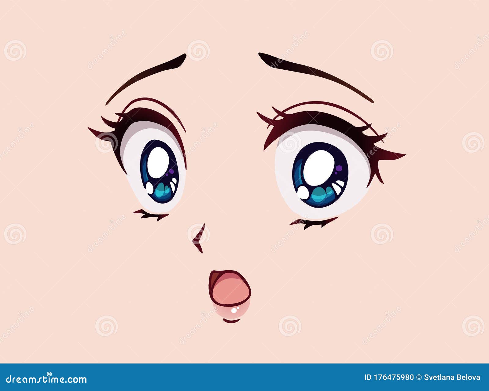 Scared Anime Face. Manga Style Big Blue Eyes, Little Nose and