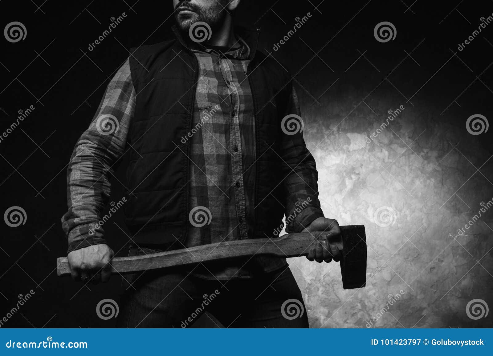 scared axeman. armed man with axe