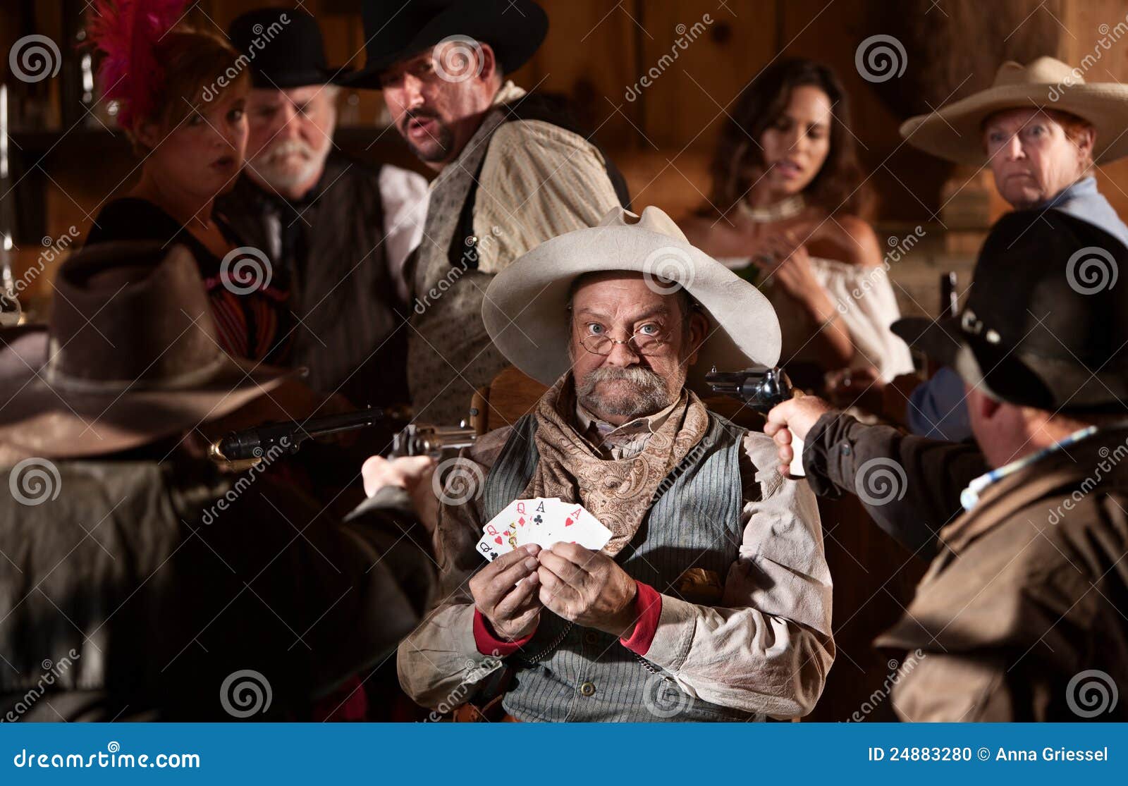 scared gambler with guns in his face