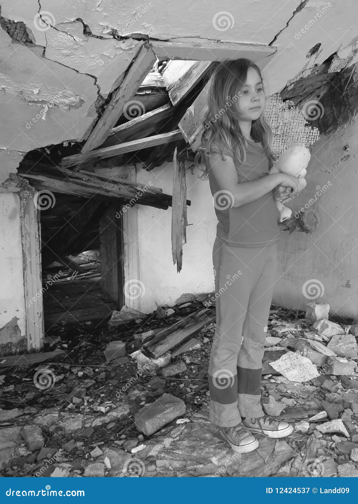 Scared Girl In Destroyed House R