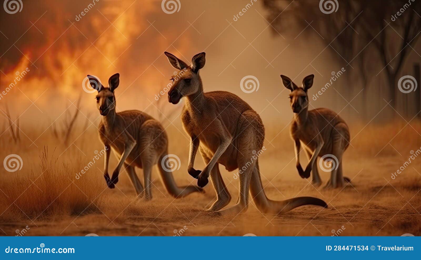 scared kangaroo family runs away from grassland fire, largest prairie wildfire natural disaster