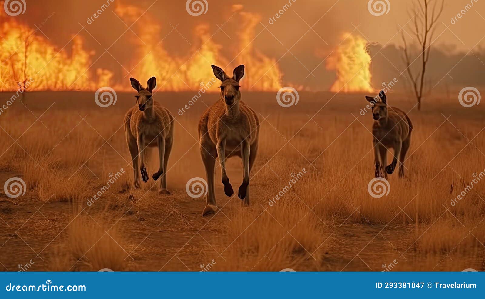 scared kangaroo family runs away from grassland fire, largest prairie wildfire natural disaster