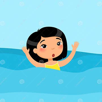 Scared Little Asian Girl Swimming Flat Vector Illustration. Child ...