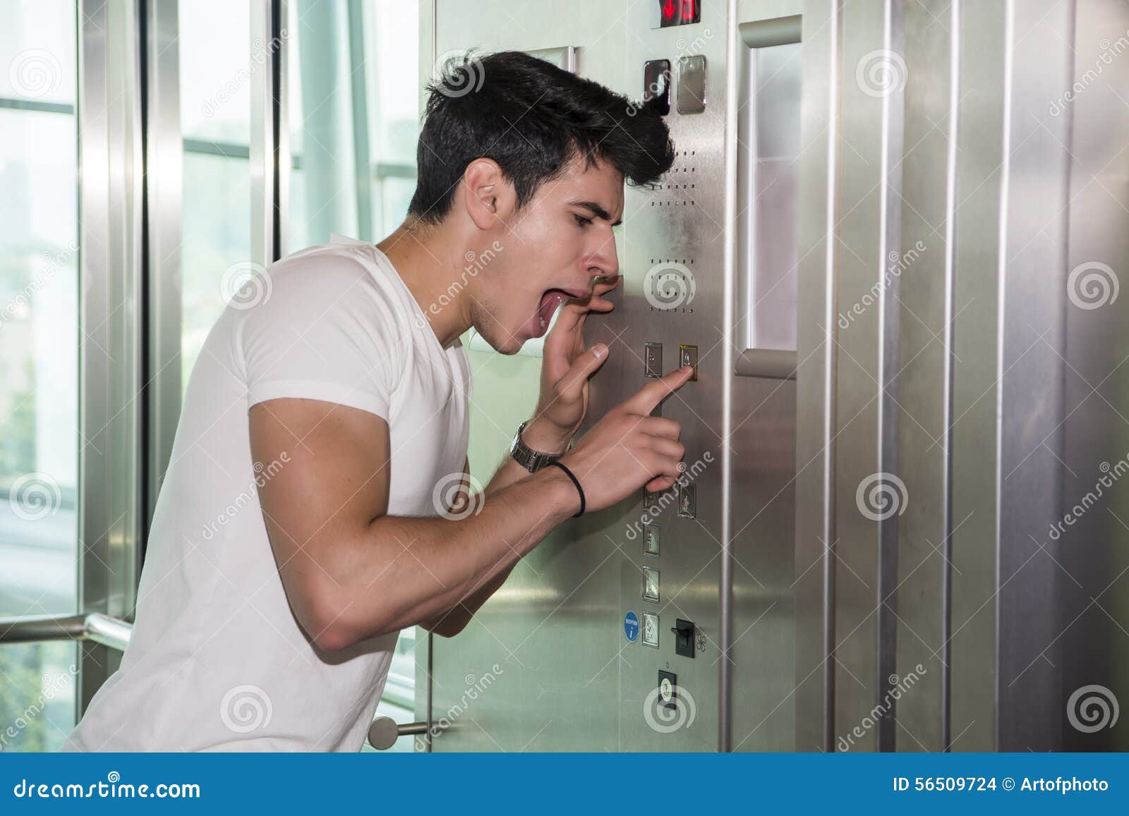 Scared Young Man Desperate In Stuck Elevator Stock Photo Image 56509724