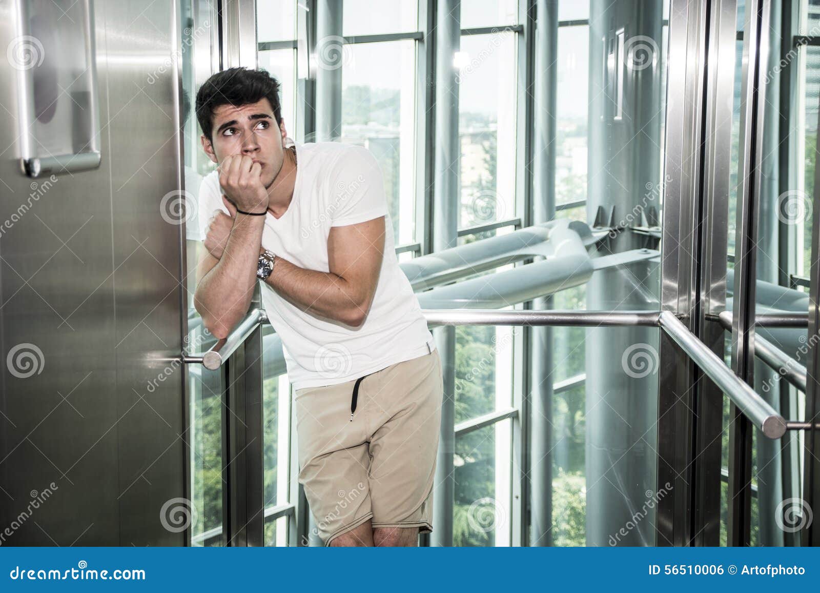 Scared Young Man Desperate in Stuck Elevator Stock Photo Image of