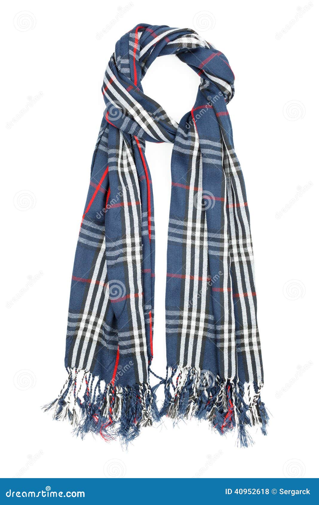 a scarf is woolen in a blue cage with red filaments and fringe,  on a white background