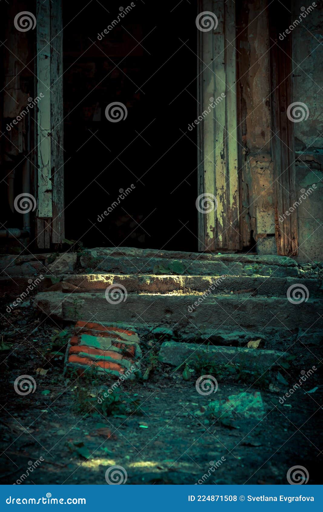 Scary Background in Horror Style, an Open Door Entrance To a Dangerous  Staircase of an Old House, Stair Steps To a Stock Photo - Image of dirty,  shadow: 224871508