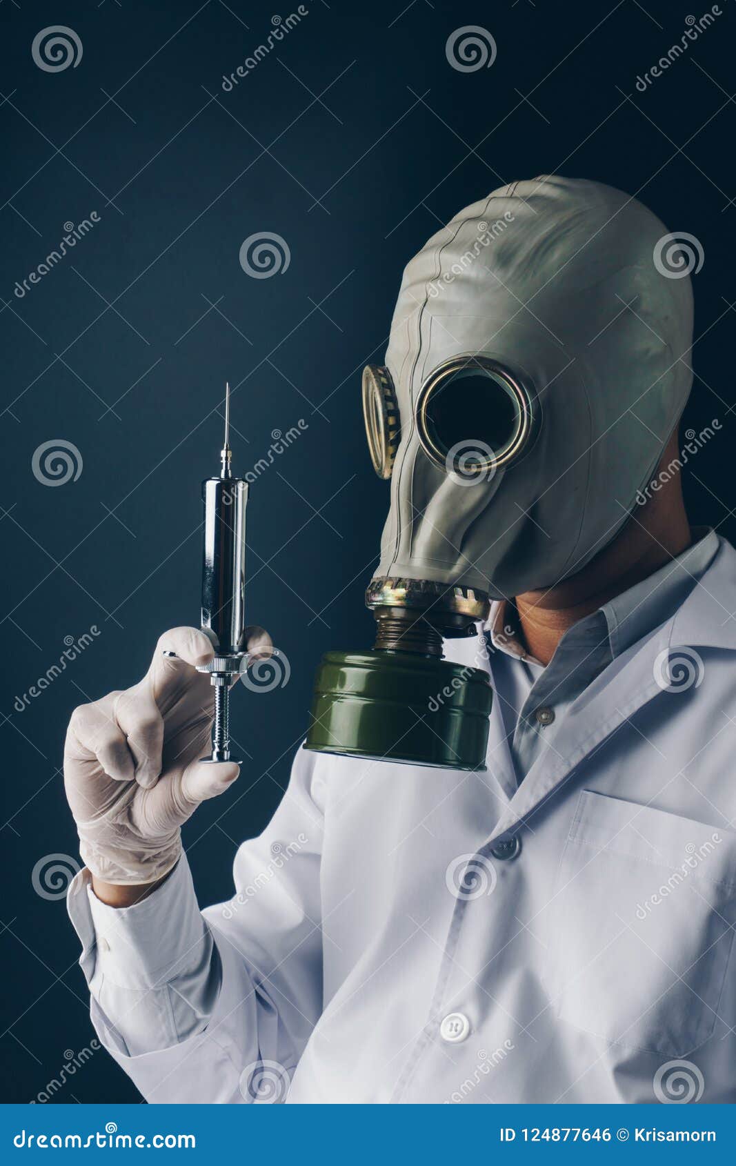 A scary doctor in gas mask stock photo. Image of dark - 124877646