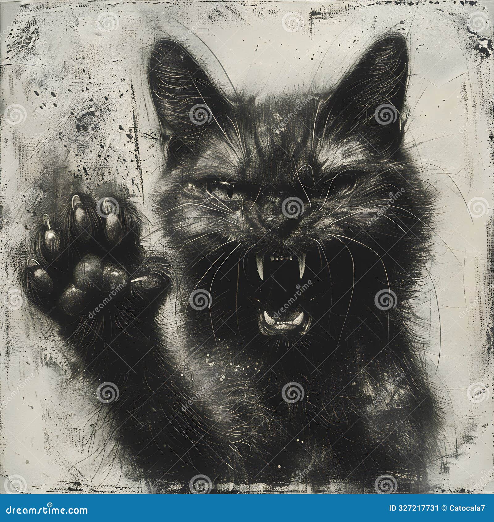 a scary evil black cat waves its paw with sharp claws and bares its big fangs